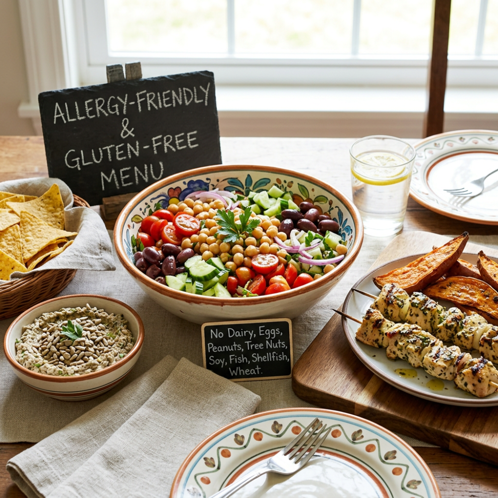 Allergy-Friendly & Gluten-Free Menu; No Dairy, Eggs, Peanuts, Tree Nuts, Soy, Fish, Shellfish, Wheat; colorful salad, hummus, chips, skewers, and vegetables
