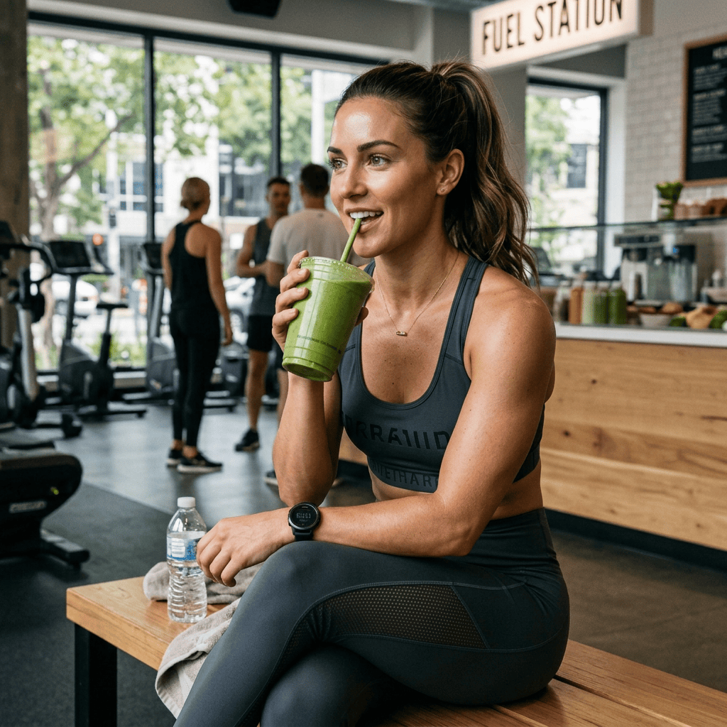 Woman in workout clothes drinking a green smoothie at a gym café