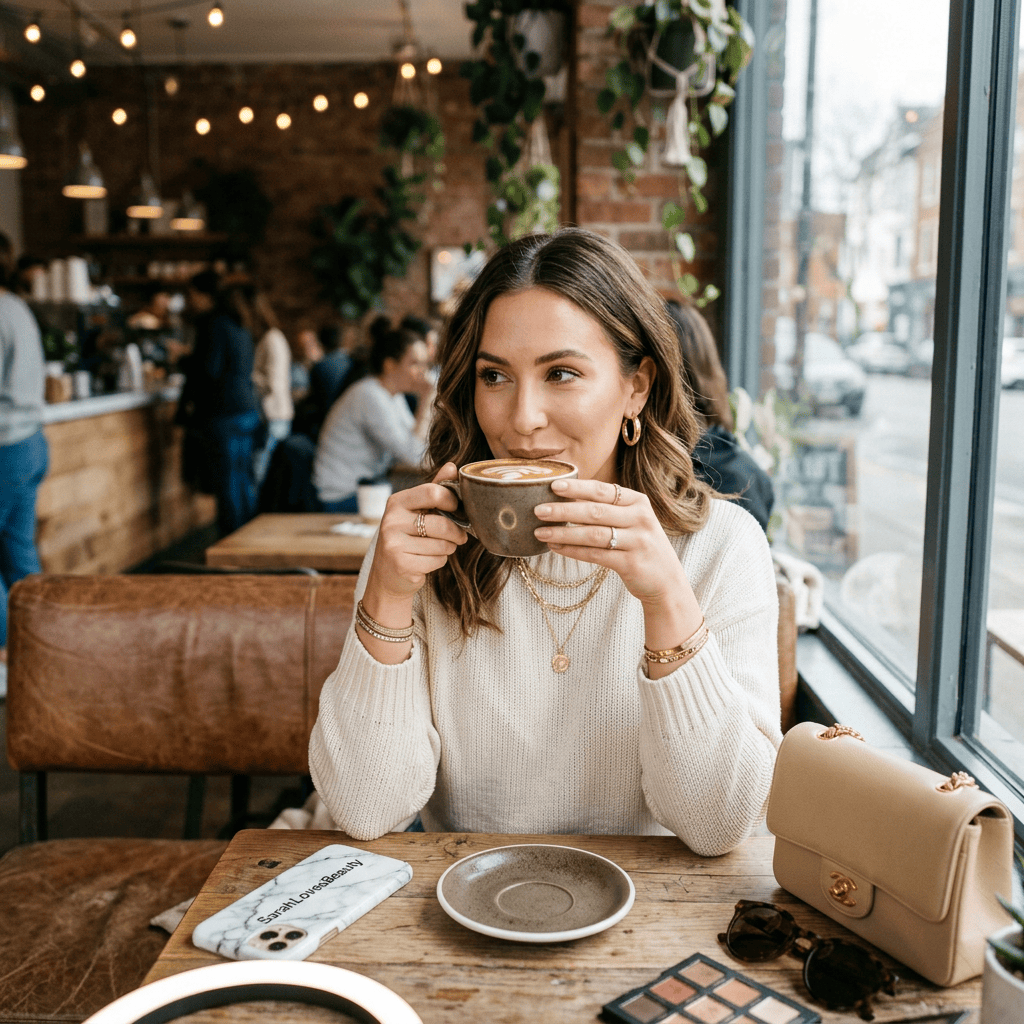 Woman sipping a latte at a café table beside a window