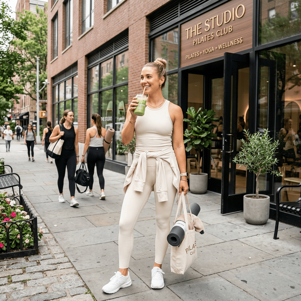 Woman outside The Studio Pilates Club carrying a yoga mat and drink