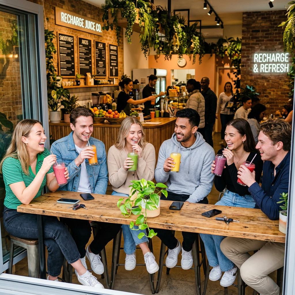 Six friends laughing and drinking colorful smoothies at a juice bar