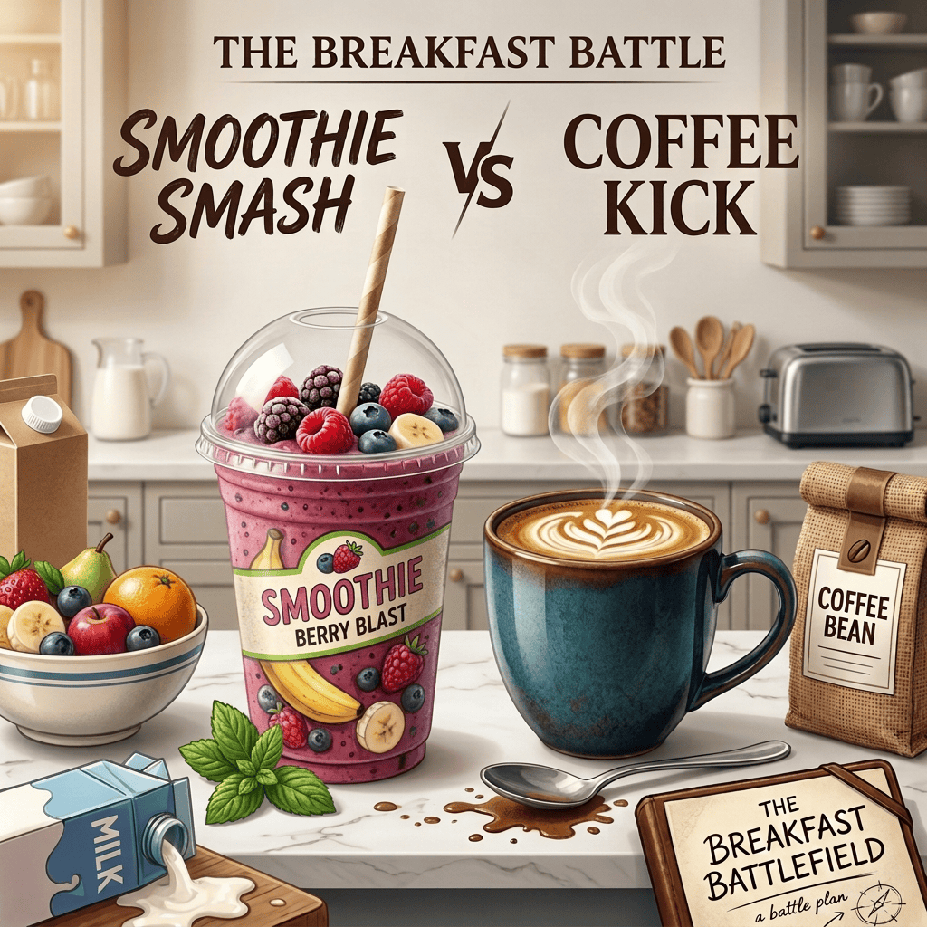 Cartoon showing SMOOTHIE SMASH vs COFFEE KICK, with a berry smoothie labeled SMOOTHIE BERRY BLAST battling a coffee cup; text reads KA-POW, BERRY TOUGH, POW, ZAP, CRASH, COFFEE BEANS, THE BREAKFAST BATTLEFIELD, and MILK.