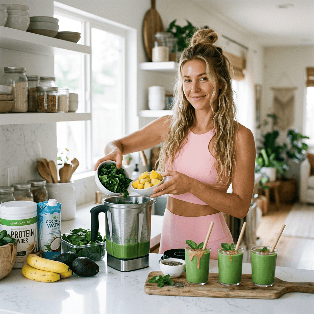 Woman adding greens and fruit to a blender beside finished green smoothies