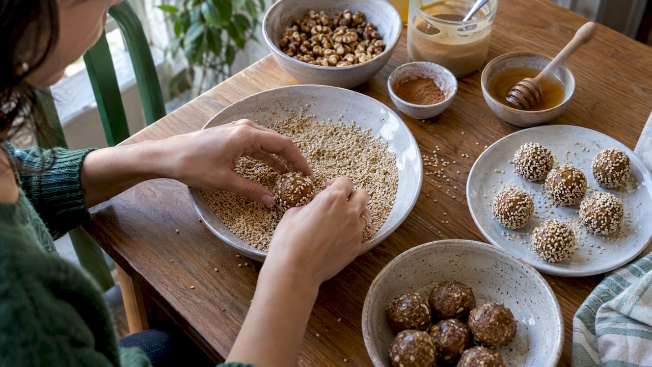 Tahini honey energy balls coated in sesame