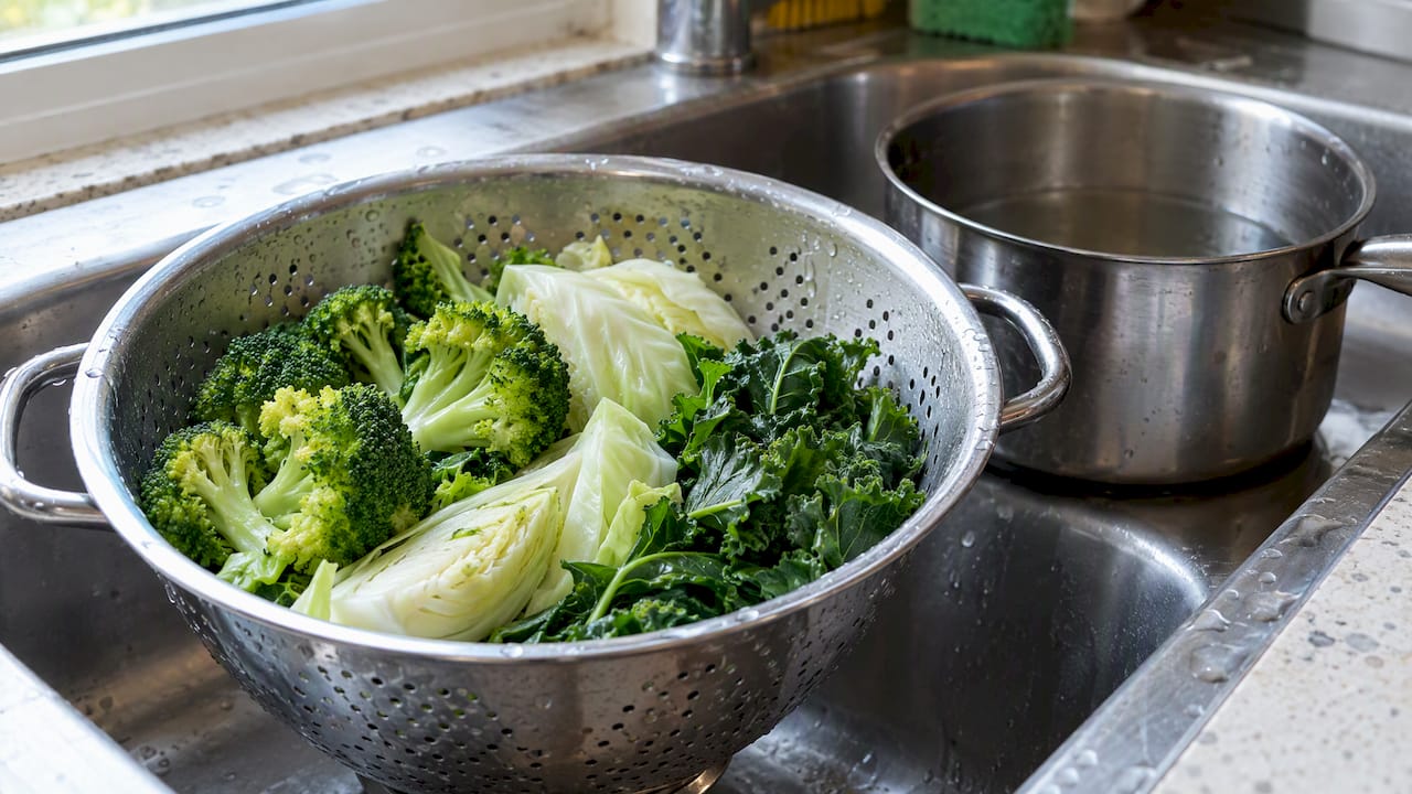 Steamed broccoli, cabbage and kale draining