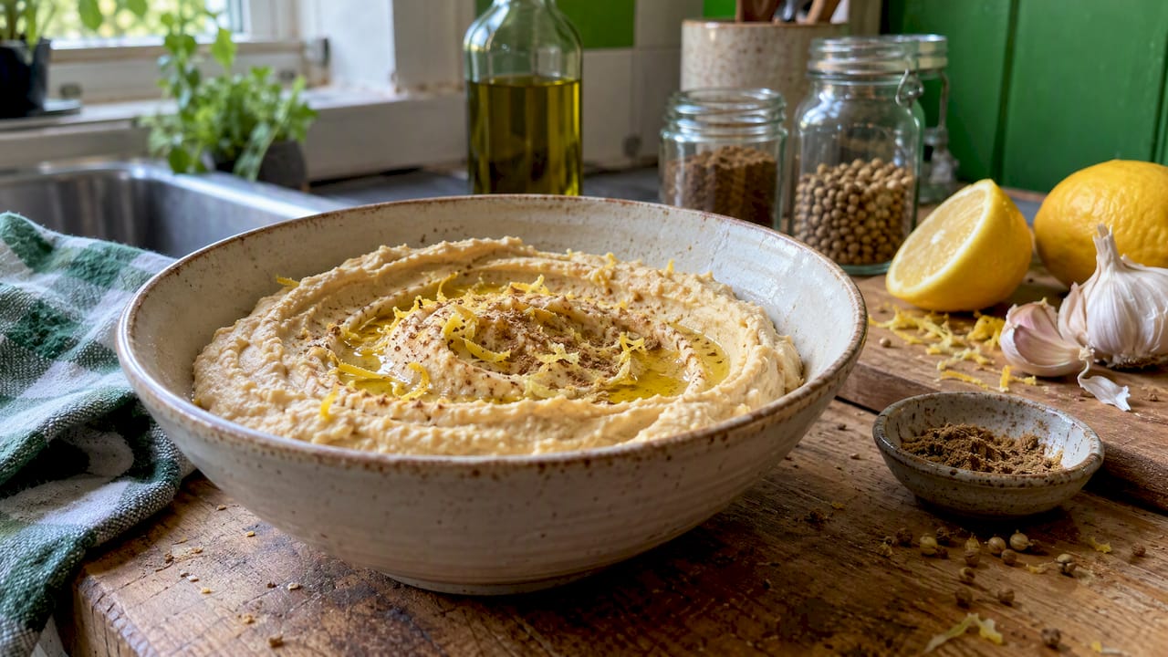 Smooth butter bean hummus with lemon zest